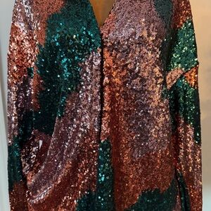 12th Tribe Genevieve Emerald Multi Sequin Button Down Shirt Dress Eras Glam XL